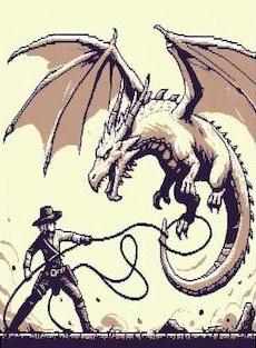 Pixel art of a cowboy lassoing a dragon.